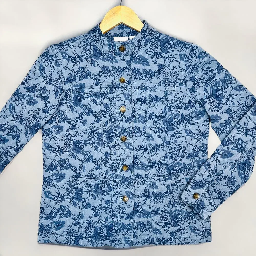 Kim Rogers Blue Floral Quilted Jacquard Button-Front Jacket Sz PM Cotton Blend - Picture 3 of 14
